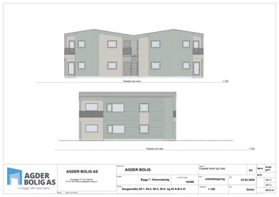 Fasadetegning som viser bygningens utseende sett fra nord og vest.