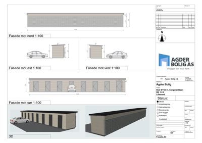 Fasadetegninger som viser oppriss av bygningen sett fra nord, øst, vest og sør, samt 3D-visualiseringer av fasadene.