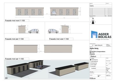 Fasadetegninger som viser oppriss av en bygning sett fra nord, øst og vest, samt et 3D-perspektiv.