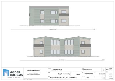 Fasadetegning som viser bygningens utseende fra øst og vest.