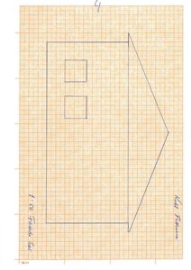 En håndtegnet fasadetegning av en bygning sett fra siden, tegnet på miller-papir.