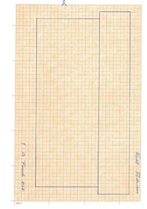 Et etasjeplan eller grunnplan tegnet på millimeterpapir med en skala på 1:50. Tegningen viser bygningens fotprint.
