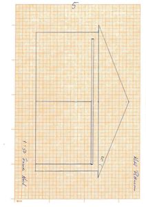 Håndtegnet fasadetekning av en bygning sett fra fronten, tegnet på miller-papir.