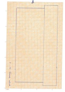 Et håndtegningsark med et grunnplan (etasjeplan) tegnet med blått penn på et gittermønster. Skriftet '1:50 Grunnplan' bekrefter at det er et plan.