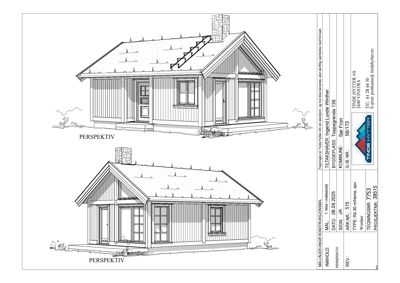 Tegning med to perspektivtegninger (3D-visualiseringer) av en planlagt hytte, vist fra front og side.