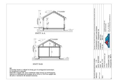 Tegning som viser tverrsnitt gjennom en bygning (SNITT A-A og SNITT B-B) med mål på høyder, takhøyde og konstruksjon.