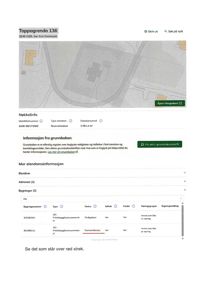 Bildet viser en digital eiendomsside (Norgeskort) med en situasjonskart (map) øverst som viser eiendommen og naboeiendommer, samt tekstinformasjon om eiendom og bygninger.