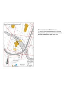 Situasjonskart som viser tomtens beliggenhet i forhold til vei og nabolag, samt plassering av bygninger (gule felter) og terrengforhold (konturlinjer).