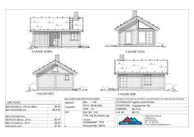 Fasadetegning som viser bygningens utseende fra fire sider (Nord, Vest, Øst og Sør).