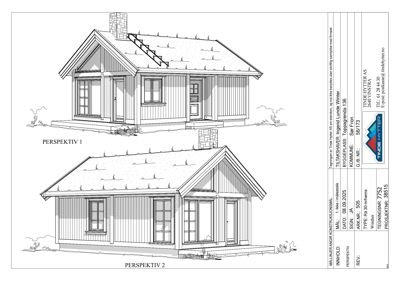 Tegning med to perspektivvisninger (PERSPEKTIV 1 og PERSPEKTIV 2) av en hytte. Dette er en 2D-visualisering som viser fasade og takform.