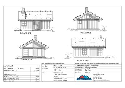 Fasadetegning som viser bygningens utseende fra fire sider (Sør, Øst, Vest og Nord).