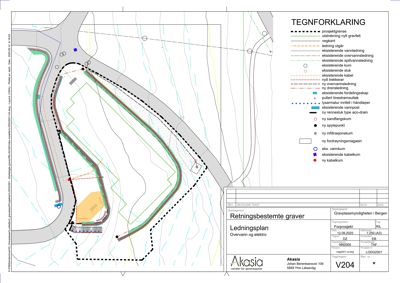 Kart over et område med vei, terrengkonturer og planlagte ledninger (overvann, spillvann, kabler).