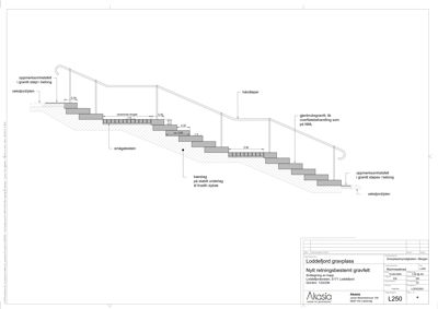 Detaljtegning av en trapp med oppgitt mål, materialer (granitt, betong) og konstruksjonsdetaljer.