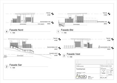 Fasadetegninger for fire sider av en bygning (Nord, Øst, Sør, Vest) med høydeangivelser og nivåer.