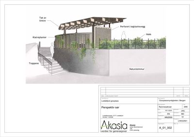 3D-visualisering (rendering) av et fasadeutsnitt med trapp, hekk og vegger.