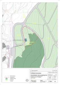 Oversiktsplan med prosjektgrense for Loddefjord gravplass, inkludert topografi, vegnett og arealbruk.