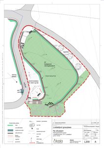 Situasjonsplan for Loddefjord gravplass som viser tomtens form, veggrenser, beplantning, høyder og anlegg.