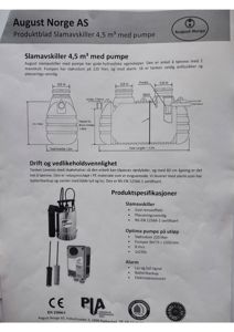 Produktblad for en slamavskiller med dimensjoner og tekniske spesifikasjoner