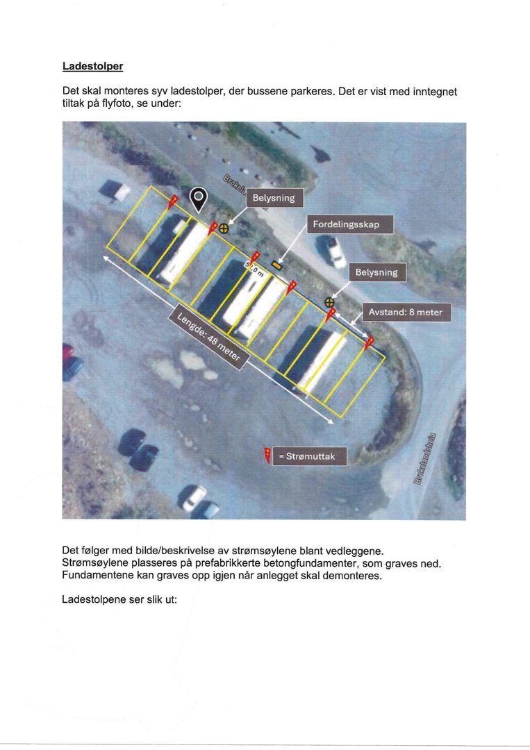 Et flyfoto (dronebilde) som viser plassering av ladestolper, belysning og fordelingsskap på en parkeringsplass.