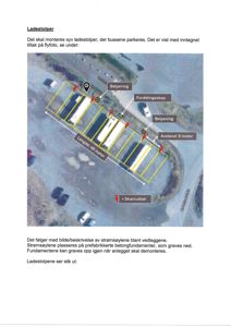 Et flyfoto (dronebilde) som viser plassering av ladestolper, belysning og fordelingsskap på en parkeringsplass.