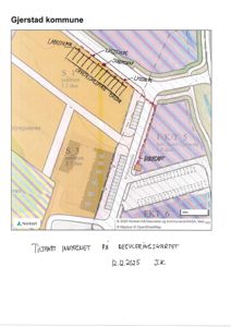 Situasjonsplan som viser tomtedeling, arealer (fargekodet), veier og infrastruktur (kabler, lysstolper) for Gjerstad kommune.