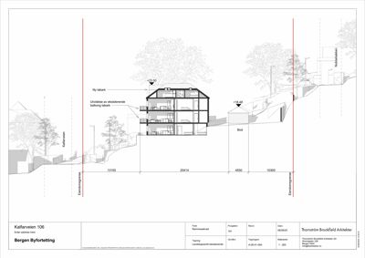 Snittegning som viser bygningens tverrsnitt, høyder, takform og forhold til omgivelsene.