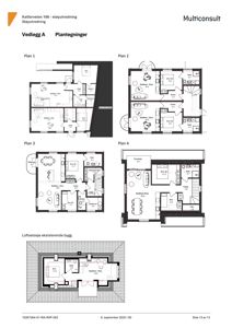 Bildet viser en samling av etasjeplaner (Plan 1-4) og en loftsetasje for en bygning på Kalvarveien 106.