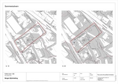 Situasjonsplaner som viser to ulike klargjøringer (kl. 18 og kl. 20) av eiendom på Kalfarveien 106 med bygningsplassering og tomtegrenser.