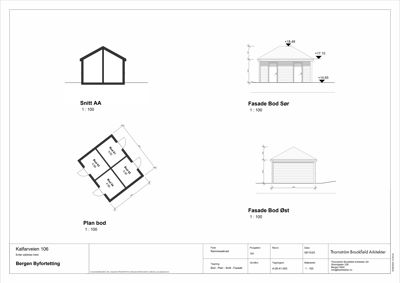 En tegningssamling som viser etasjeplan for en bod (Plan bod), samt snitt (Snitt AA) og fasader (Fasade Bod Sør, Fasade Bod Øst).