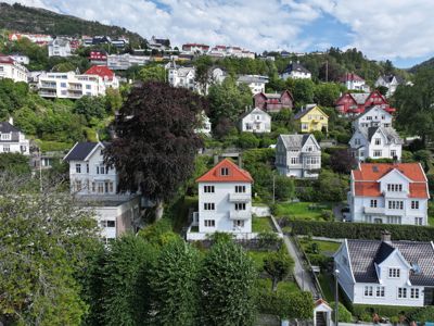 Fotografi av et boligområde på en skråning med flere hus, trær og en bakke i bakgrunnen.
