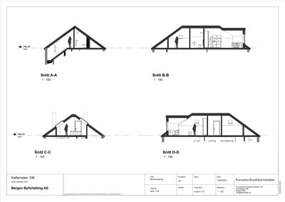 Snittegning (Snitt A-A, B-B, C-C, D-D) som viser tverrsnitt gjennom bygningen med romfordeling og konstruksjon.