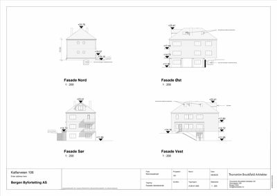 Fasadetegning som viser bygningens utseende fra fire sider (Nord, Øst, Sør, Vest) med høydemål og detaljer.