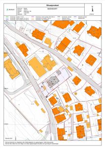 Situasjonskart (basiskart) som viser eiendomsinndeling, bygninger, veier og topografi.