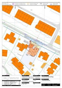 Situasjonsplan for garasjetilbygg som viser tomt, nabobebyggelser og planlagt plassering av nytt bygg.