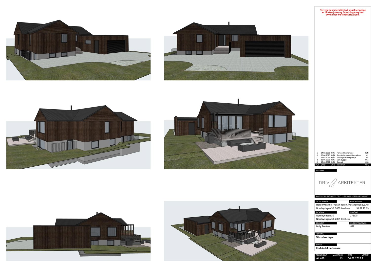 En samling av 3D-visualiseringer (renderinger) av en planlagt bolig fra ulike vinkler, inkludert fasade, side og bakside, samt et utsnitt med terrasse og møblering.