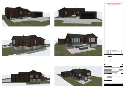 En samling av 3D-visualiseringer (renderinger) av en planlagt bolig fra ulike vinkler, inkludert fasade, side og bakside, samt et utsnitt med terrasse og møblering.