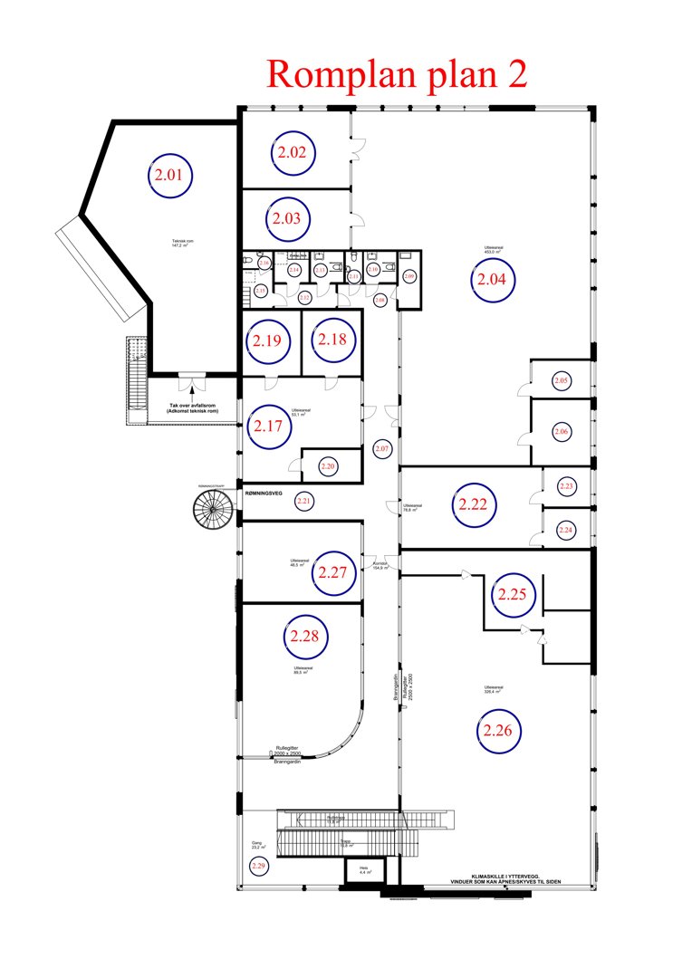 Etasjeplan (Romplan plan 2) som viser romfordeling, dører og vinduer.