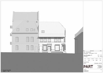 Fasadetegning (opprikk) av en bygning sett fra fronten, med detaljer om vinduer, dører og takform.