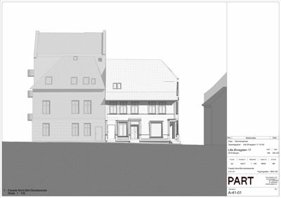 Fasadetegning som viser bygningens utseende sett fra nord-øst (eksisterende tilstand).