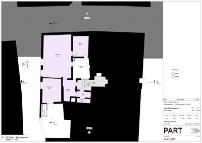 Etasjeplan (kjeller) som viser romfordeling, arealer og veggelementer for en bygning.