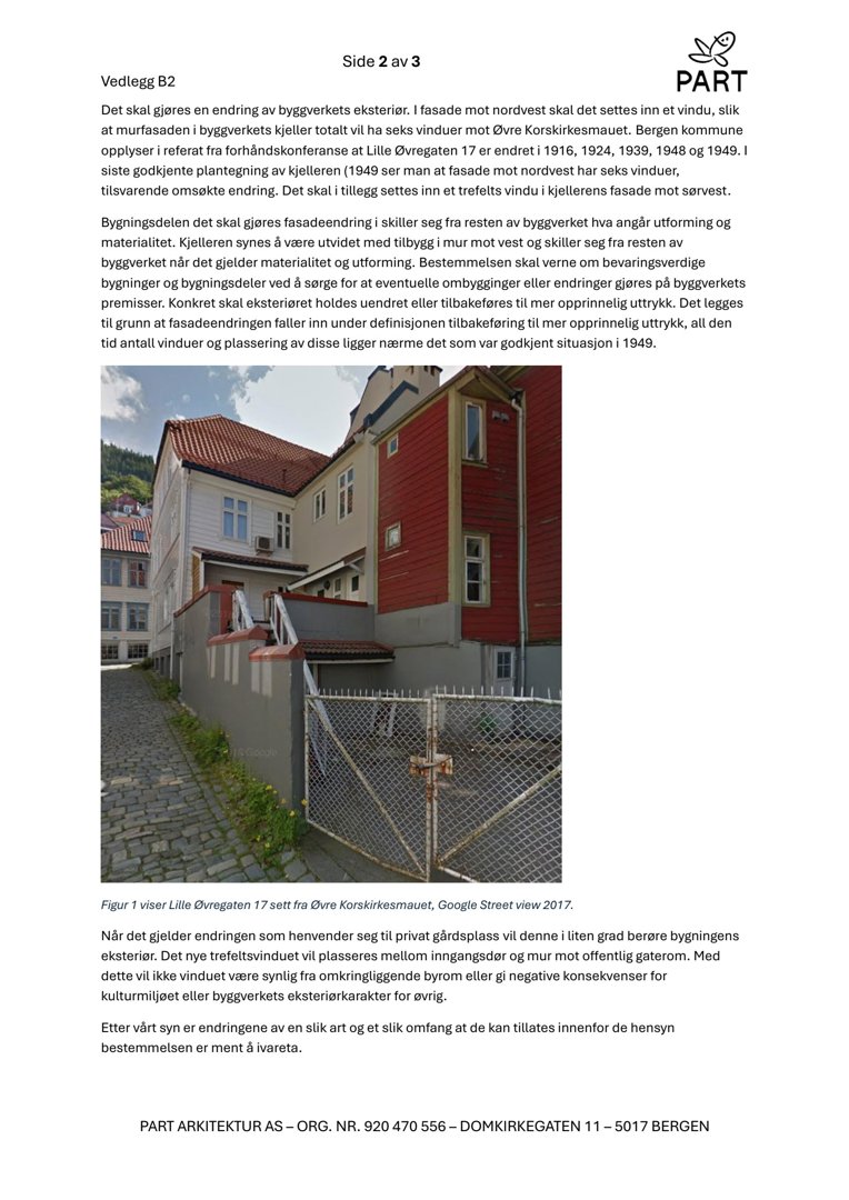 Fotografi av Lillevågen 17 sett fra Øvre Korskirkesmuaet, tatt i 2017.