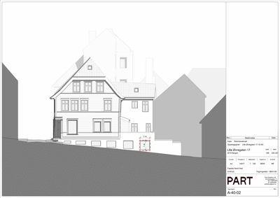 Fasadetegning (opprikk) av en bygning sett fra nordvest, med omgivende tomteforhold og nabohus.
