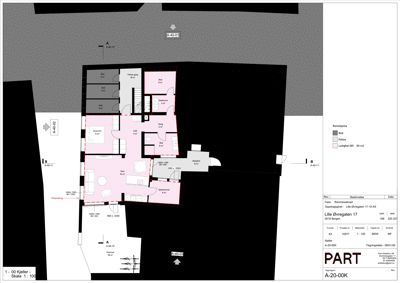 Etasjeplan for kjeller (Kjeller) som viser romfordeling, arealer og tilknytning til andre etasjer.