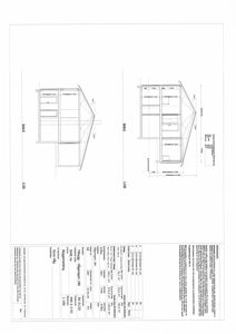 Fasadetegning som viser bygningens utseende og mål fra front og side.