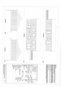 Fasadetegning som viser bygningens utseende fra flere vinkler (vest, syd, øst, nord) med mål og detaljer.