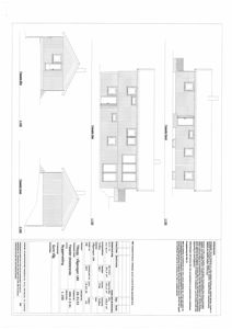 Fasadetegning som viser bygningens utseende fra fire sider (Nord, Sør, Øst, Vest).