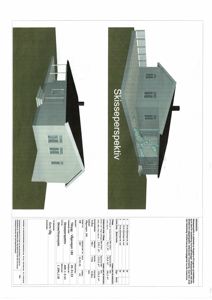 3D-skisseperspektiv av en planlagt bygning med tekniske opplysninger