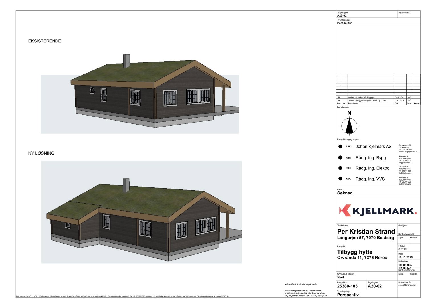 3D-visualisering av en hytte sett fra front (perspektiv), med to versjoner: eksisterende og ny løsning.