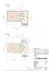 Plantegning som viser eksisterende og ny løsning for en hytte, med romfordeling og mål.