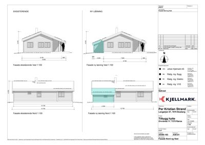 Fasadetegning som viser eksisterende og ny løsning for en hytte sett fra nord og vest.